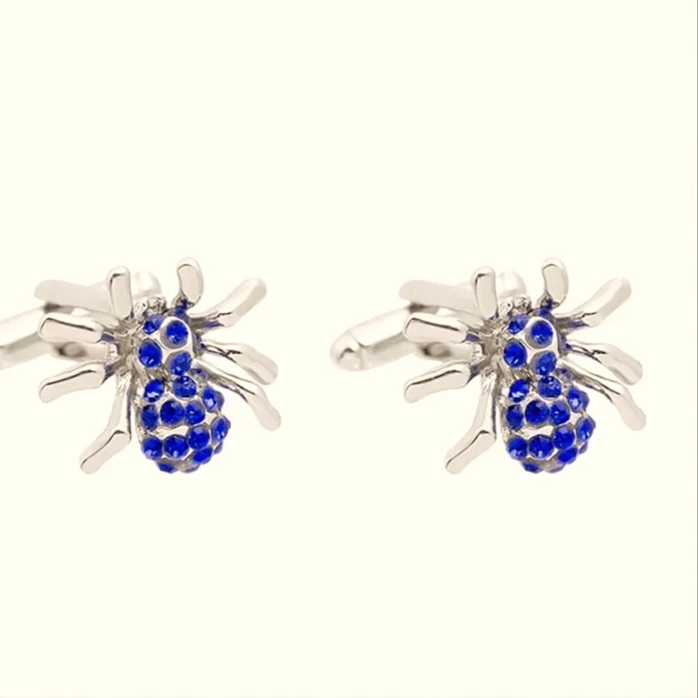 NWT Silver Plated & Bright Blue Rhinestone Creepy Spider Cufflinks